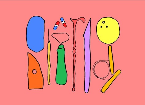 A colorful digital line drawing of a crip potter's toolkit including a blue steel scraper, an orange wooden rib, a yellow needle tool, two red and blue pills, a green loop tool, a red walking cane, a lavender potter's knife, a yellow sponge, and an orange wire cutter neatly arranged on a salmon background.