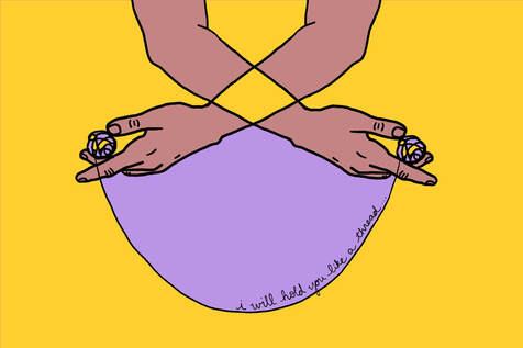 Two brown arms cross in the center of a drawing against a dark yellow background. A dark yellow diamond appears where the arms overlap. Connecting each hand are small balls of thread which are held in each hand. The curve of the thread is a purple semicircle where the words 