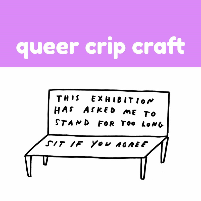 A purple background with white writing that says 'queer crip craft.' Below it is a black and white line illustration of a bench that reads 